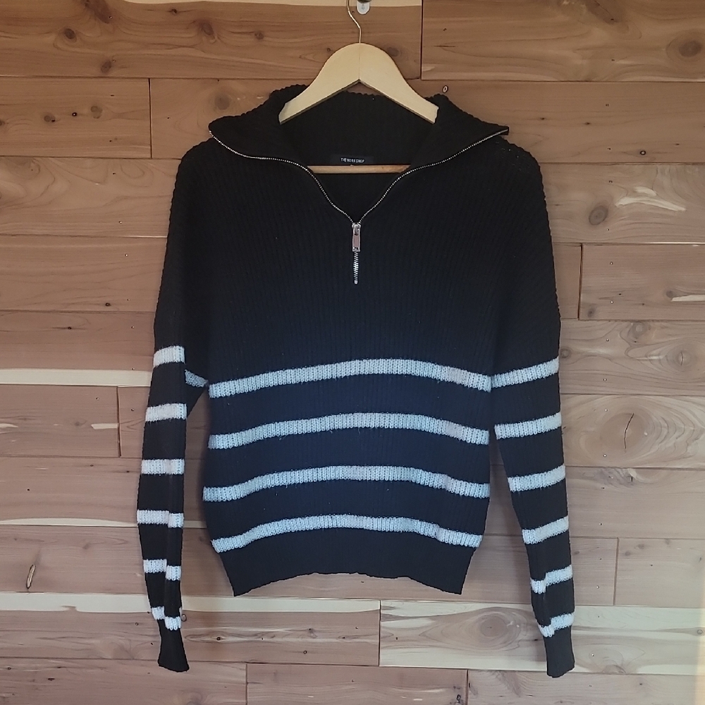The Workshop Black & White Striped Half-Zip Sweater, Size M, Soft, Knit